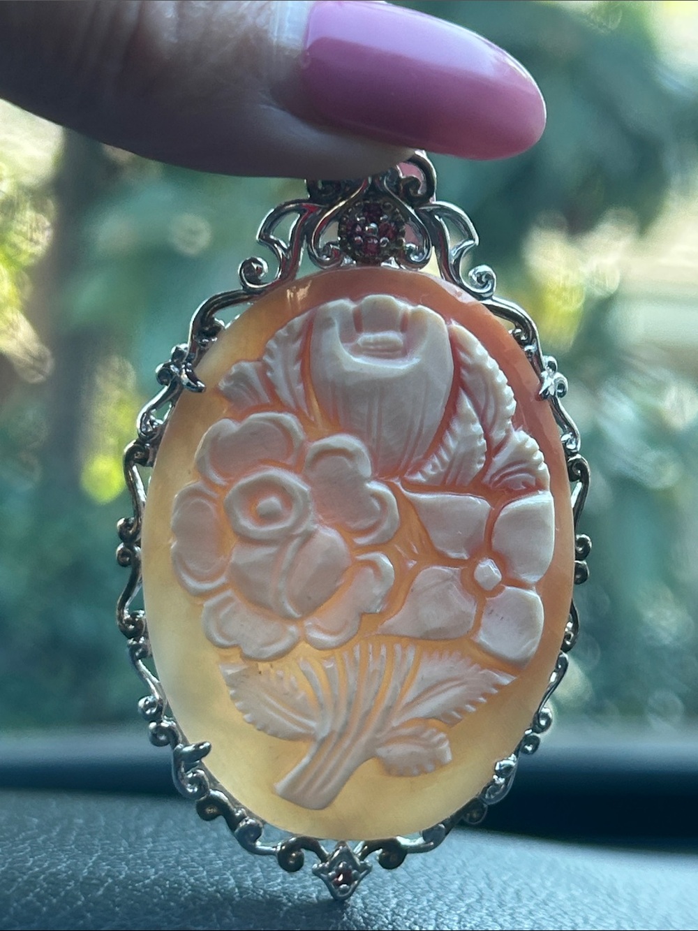 Michael Valitutti Sterling Silver Carved Shell Pink Sapphire Floral Pendant